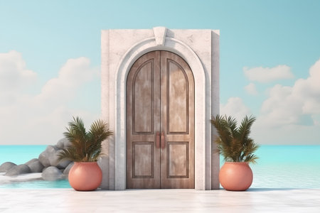 door to the sea with plants in terracotta pots render illustrationの素材
