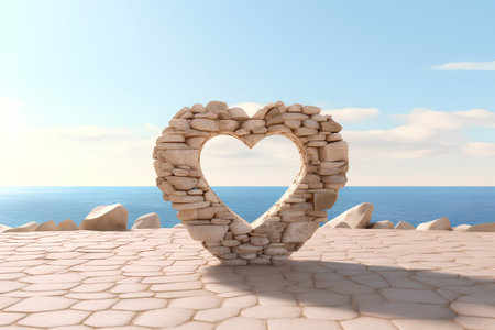 Stone heart on the sea background. 3d render. Love conceptの素材