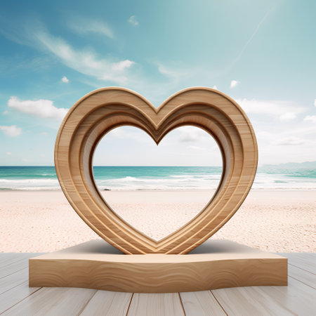 Wooden heart shape on the beach background. 3D Renderingの素材
