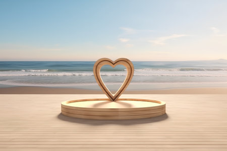 Heart on a wooden pedestal on the beach. 3D renderingの素材