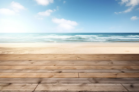 Wooden floor on the beach with blue sky and sea background.の素材