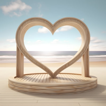 Wooden heart on the beach, 3d render, square compositionの素材