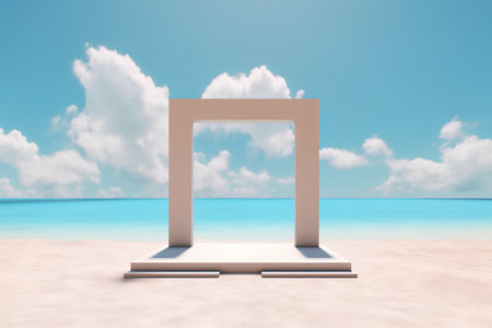 3D render of a white podium on the beach with blue skyの素材