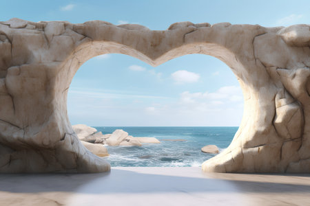 heart shaped arch in stone wall on seashore, 3d renderの素材