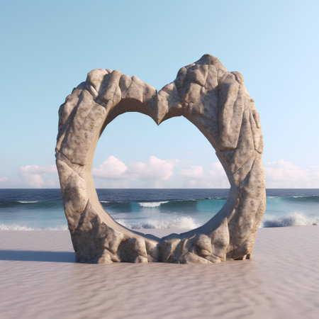 Heart shaped stone on the beach. 3d render. Conceptual image.の素材