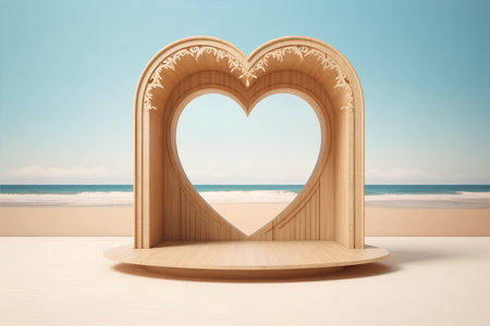 Wooden heart on the beach, 3d render, square formatの素材