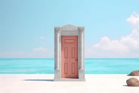 3D render of a door on the beach with sea in the backgroundの素材