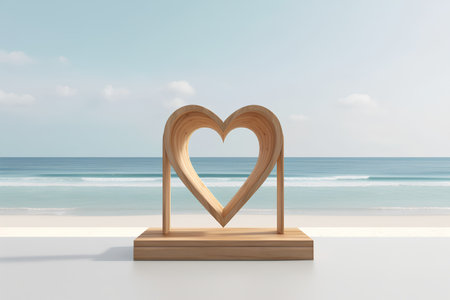 Wooden heart on the beach background. 3d rendering, 3d illustration.の素材