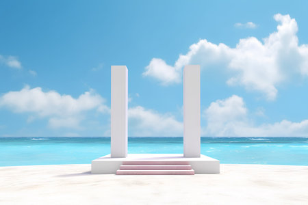 3D render of a podium on the beach with blue sky and cloudsの素材