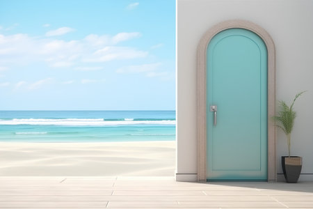 door on the beach with a plant in a pot, 3d renderの素材