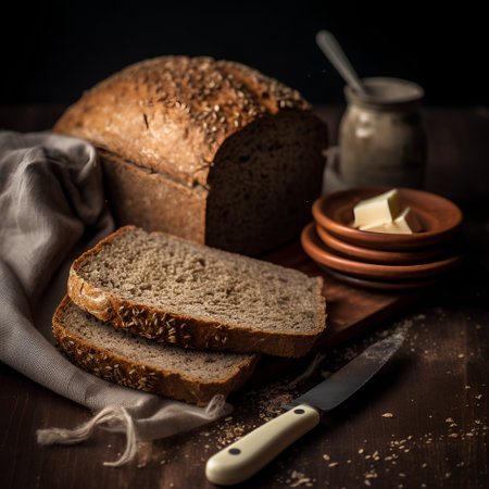 Bread and butter on a wooden background. Selective focus.の素材