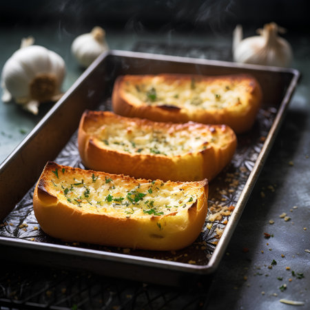 Garlic bread with herbs and garlic on dark background, selective focusの素材