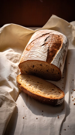 Sliced bread on a napkin in a rustic styleの素材
