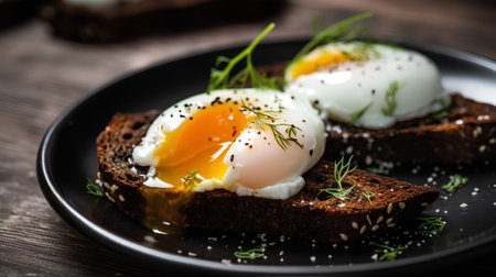 Sandwich with poached eggs and dill on a wooden backgroundの素材