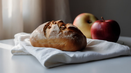 Homemade bread and apples on a white table. Selective focus.の素材