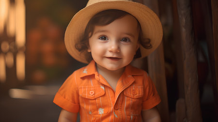 Portrait of a cute little boy in a hat and orange shirtの素材