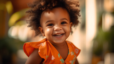 Little african american girl with curly hair in orange dress.の素材