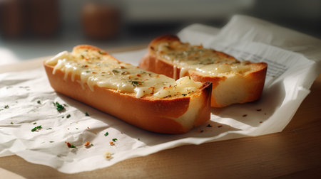 Garlic bread with cheese and herbs on a table in a kitchenの素材
