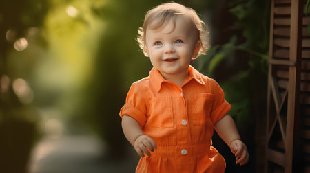 Cute little boy in orange shirt walking in the park and smilingの素材