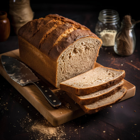 Sliced rye bread on a cutting board. Dark background.の素材