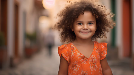 Portrait of a cute african american little girl in orange dressの素材