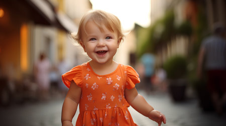Portrait of a cute little girl in an orange dress in the cityの素材