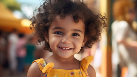 Portrait of a beautiful little girl with curly hair in a yellow dressの素材