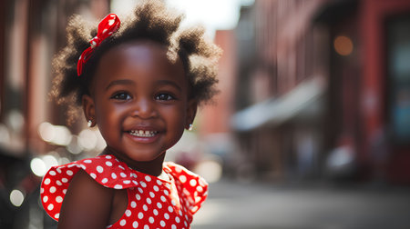 Little cute african american girl in red polka dot dress.の素材