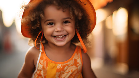 Portrait of cute little african american girl in hat on the streetの素材