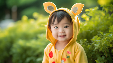Cute asian baby girl wearing bunny ears in the garden.の素材
