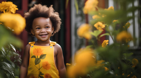 Portrait of a cute little African American girl smiling in the gardenの素材