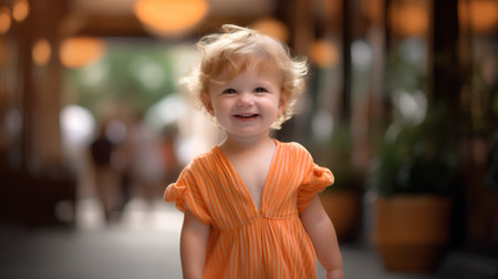 Portrait of a cute little girl with blond hair in orange dress.の素材