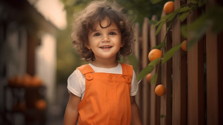 Portrait of a little boy in an orange dress in the gardenの素材