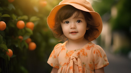 Portrait of a cute little girl in a hat on a background of orange treesの素材