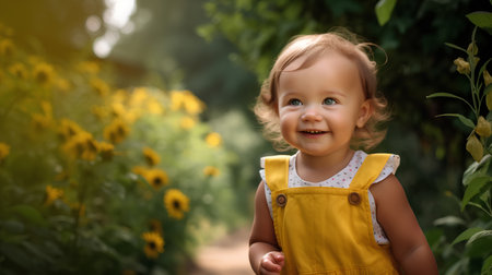 Portrait of a cute little girl in a yellow dress in the gardenの素材