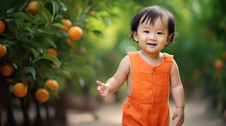 Cute asian baby girl in orange dress smiling and walking in the orange tree gardenの素材