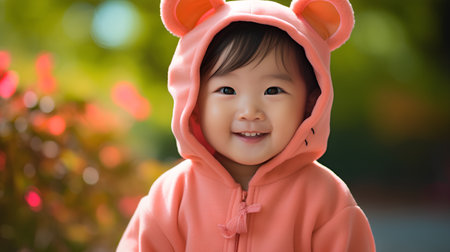 Cute asian baby girl wearing a bunny costume on bokeh backgroundの素材