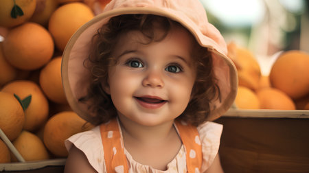 Cute little girl in a hat on the background of oranges.の素材