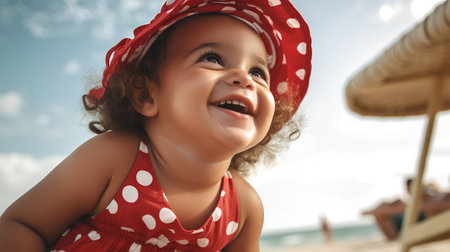 Portrait of a little girl in red polka dot dress on the beachの素材