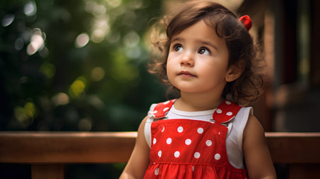Portrait of a beautiful little girl in a red dress outdoors.の素材