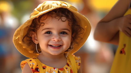 Portrait of a cute little girl in a yellow raincoat and hat.の素材