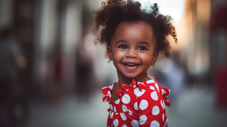 Little african american girl in red polka dot dress.の素材