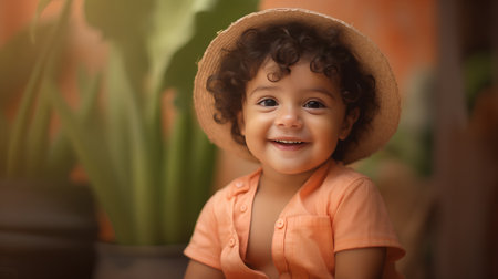 Portrait of a cute little boy in a straw hat and orange shirtの素材