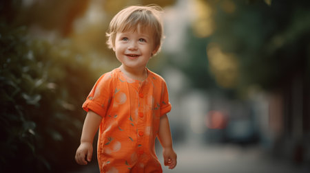 Cute little boy in orange shirt walking on the street at sunsetの素材