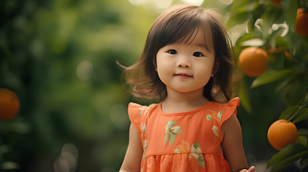 Little asian girl in orange dress standing in the garden and smilingの素材