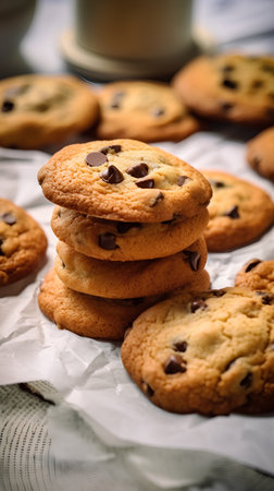 Chocolate chip cookies on a wooden background. Selective focus.の素材