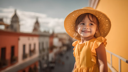 Portrait of a smiling little girl in a yellow dress and hat on the background of the city.の素材
