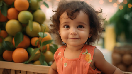 Portrait of a cute little girl in orange dress on the background of oranges.の素材