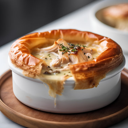 Mushroom soup in a pot on a wooden board, selective focusの素材