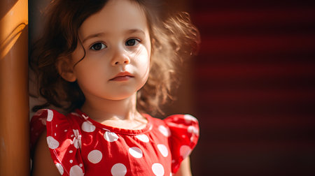 Portrait of a cute little girl in a red polka dot dressの素材